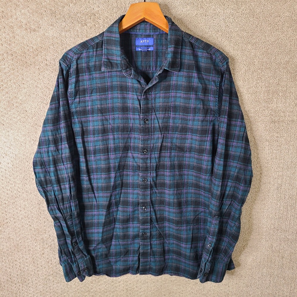 Apt 9 Shirt Mens Large Teal Purple Plaid Slim Fit Soft Touch Flannel Long Sleeve